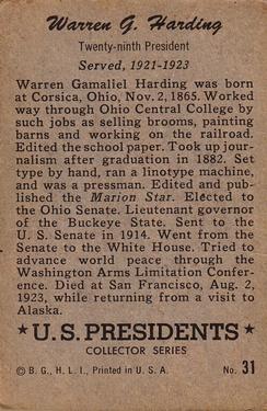 1952 Bowman U.S. Presidents (R701-17) #31 Warren G. Harding Back