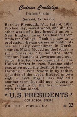 1952 Bowman U.S. Presidents (R701-17) #32 Calvin Coolidge Back