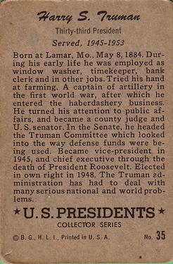 1952 Bowman U.S. Presidents (R701-17) #35 Harry S. Truman Back