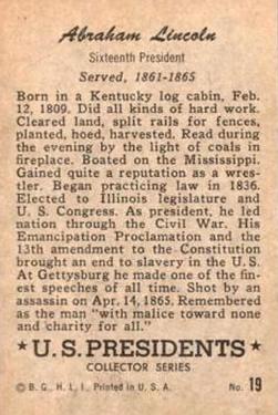 1952 Bowman U.S. Presidents (R701-17) #19 Abraham Lincoln Back