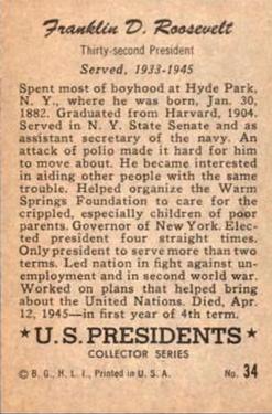 1952 Bowman U.S. Presidents (R701-17) #34 Franklin D. Roosevelt Back