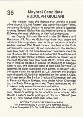 1989 Eclipse Rotten to the Core #36 Rudolph Giuliani Back