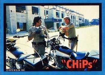 1979 Donruss CHiPs Patrol #1 Ponch and Jon (leaning on bikes) Front