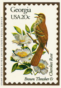 1991 Bon Air Birds and Flowers (50 States) #10 Georgia         Brown Thrasher            Cherokee Rose Front
