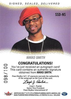 2005 Fleer American Idol Season 4 - Signed, Sealed and Delivered Autograph Cards Silver #SSD-NS Nikko Smith Back
