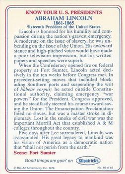 1976 Kilpatrick's Know Your U.S. Presidents #16 Abraham Lincoln Back