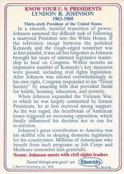1976 Kilpatrick's Know Your U.S. Presidents #35 Lyndon B. Johnson Back