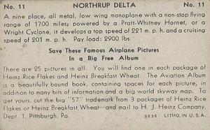 1935 Heinz Famous Airplanes (F277-1) #11 Northrop Delta Back