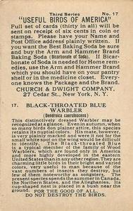 1922 Church & Dwight Useful Birds of America Third Series (J7) #17 Black-throated Blue Warbler Back