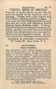 1922 Church & Dwight Useful Birds of America Third Series (J7) #21 Ovenbird Back