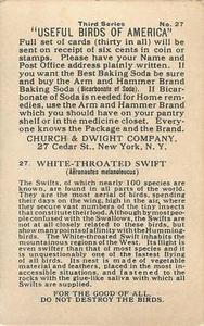 1922 Church & Dwight Useful Birds of America Third Series (J7) #27 White-throated Swift Back