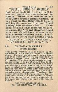 1922 Church & Dwight Useful Birds of America Third Series (J7) #28 Canada Warbler Back