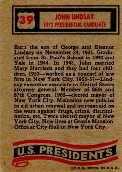 1972 Topps U.S. Presidents #39 John Lindsay Back