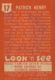 1952 Topps Look 'n See (R714-16) #17 Patrick Henry Back