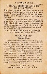 1918 Church & Dwight Useful Birds of America Second Series (J6) #1b Northern Mockingbird Back