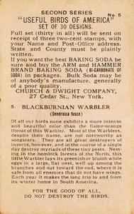 1918 Church & Dwight Useful Birds of America Second Series (J6) #5 Blackburnian Warbler Back
