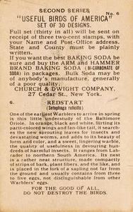 1918 Church & Dwight Useful Birds of America Second Series (J6) #6b Redstart Back