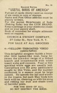 1918 Church & Dwight Useful Birds of America Second Series (J6) #10 Yellow-throated Vireo Back