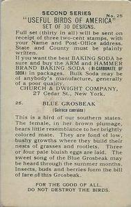 1918 Church & Dwight Useful Birds of America Second Series (J6) #25 Blue Grosbeak Back