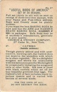 1918 Church & Dwight Useful Birds of America Second Series (J6) #27 Gray Catbird Back