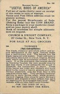 1918 Church & Dwight Useful Birds of America Second Series (J6) #28 Towhee Back