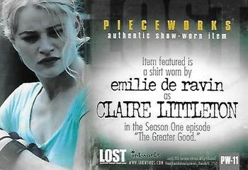 2005 Inkworks Lost Season One - Pieceworks #PW-11 Shirt worn by Emilie de Ravin as Claire Littleton Back