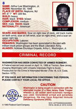 1993 Federal Wanted By FBI #8 Arthur Lee Washington, Jr. Back