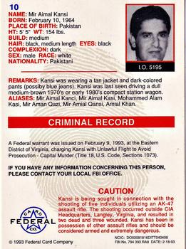 1993 Federal Wanted By FBI #10 Mir Aimal Kansi Back