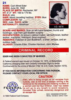 1993 Federal Wanted By FBI #21 Carl Alfred Eder Back
