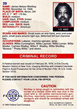 1993 Federal Wanted By FBI #29 James Nelson Worthey Back