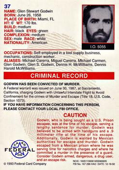 1993 Federal Wanted By FBI #37 Glen Stewart Godwin Back