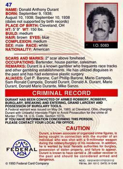 1993 Federal Wanted By FBI #47 Donald Anthony Durant Back