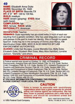 1993 Federal Wanted By FBI #49 Elizabeth Anna Duke Back