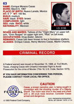 1993 Federal Wanted By FBI #63 Enrique Moreno Casas Back