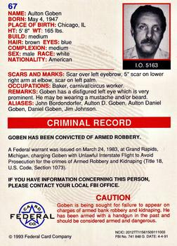 1993 Federal Wanted By FBI #67 Aulton Goben Back