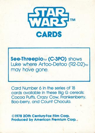 1978 General Mills Star Wars #6 C-3PO / Luke Skywalker Back