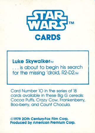 1978 General Mills Star Wars #10 Luke Skywalker Back