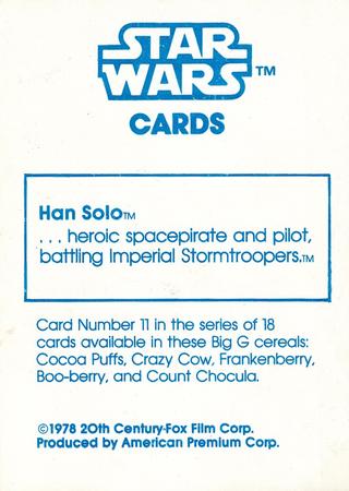 1978 General Mills Star Wars #11 Han Solo Back