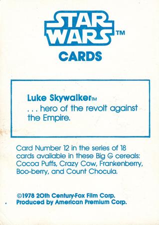 1978 General Mills Star Wars #12 Luke Skywalker Back