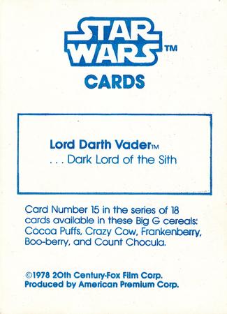 1978 General Mills Star Wars #15 Darth Vader Back