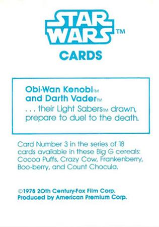 1978 General Mills Star Wars #3 Obi-Wan Kenobi / Darth Vader Back