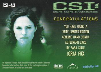 2003 Strictly Ink CSI Series 1 - Autographs #CSI-A3 Jorja Fox Back