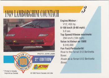 1992 Panini Dream Cars 2nd Edition #3 1989 Lamborghini Countach Back