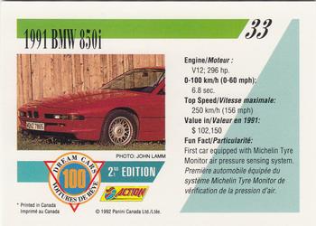 1992 Panini Dream Cars 2nd Edition #33 1991 BMW 850i Back
