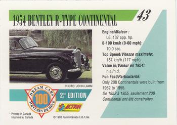 1992 Panini Dream Cars 2nd Edition #43 1954 Bentley R-Type Continental Back