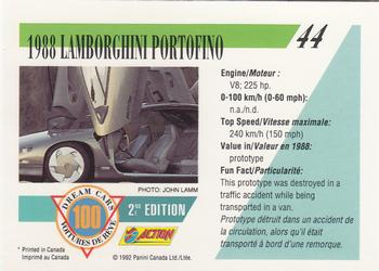 1992 Panini Dream Cars 2nd Edition #44 1988 Lamborghini Portofino Back