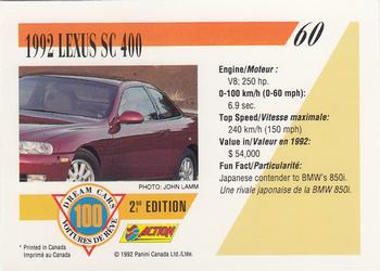 1992 Panini Dream Cars 2nd Edition #60 1992 Lexus SC 400 Back