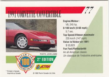 1992 Panini Dream Cars 2nd Edition #77 1991 Corvette Convertible Back