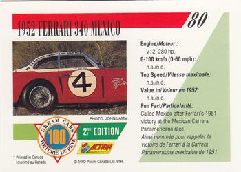 1992 Panini Dream Cars 2nd Edition #80 1952 Ferrari 340 Mexico Back