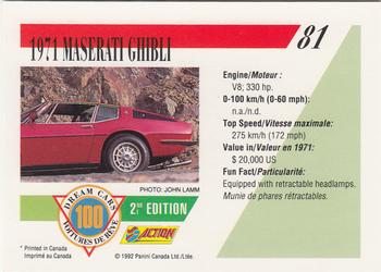 1992 Panini Dream Cars 2nd Edition #81 1971 Maserati Ghibli Back